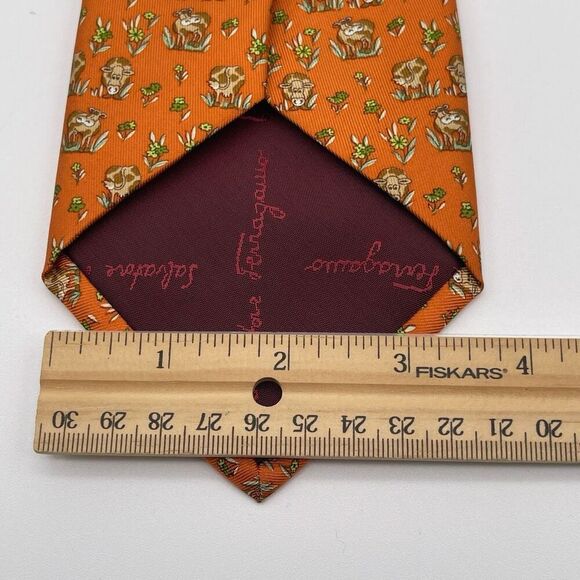 SALVATORE FERRAGAMO Tie Men's Orange ORN Cow All Over Pattern Made in Italy - Picture 5 of 9